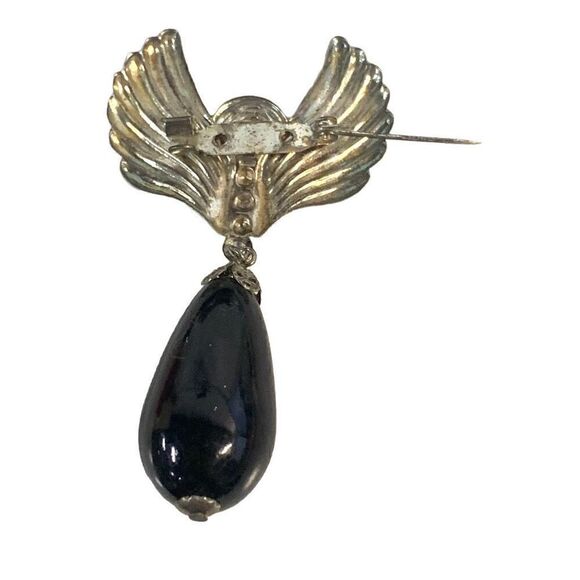 Vintage 3" Silver Tone Wings, Flower with Black Dangle Bead Brooch - Picture 5 of 5